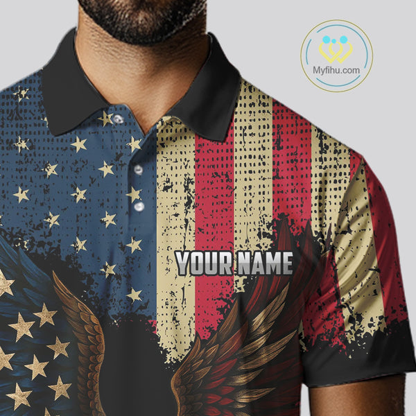 Vintage American Flag Eagle Mens Golf Polo Shirt Custom Patriotic Retro Team golf attire for men NQS10476