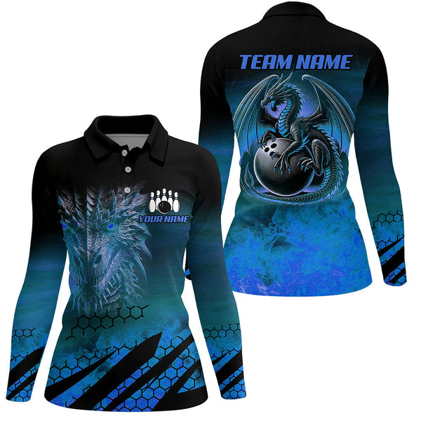 Black And Blue Custom Dragon Flame Bowling Shirts For Women, Dragon Fire Bowling Team Shirts NQS8498