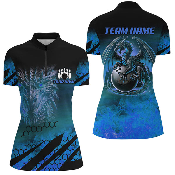 Black And Blue Custom Dragon Flame Bowling Shirts For Women, Dragon Fire Bowling Team Shirts NQS8498