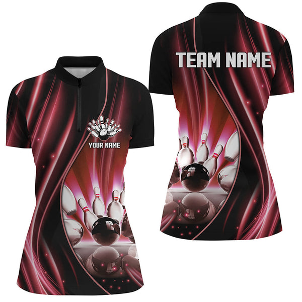 Red and black light Women Polo, 1/4 Quarter Zip Shirts Custom bowling team jerseys, gift for bowlers NQS7860