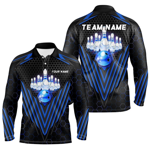 Black and Blue Mens Bowling Polo, Quarter zip shirts Custom Team Bowling Jerseys, Bowling uniforms NQS8976