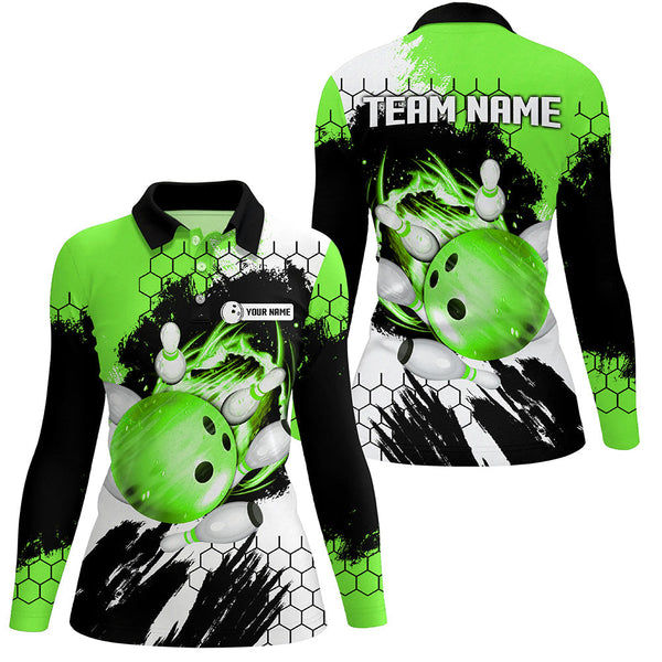Green Flame bowling ball and pins jerseys Custom Team League Bowling Polo Shirts For Women NQS7163