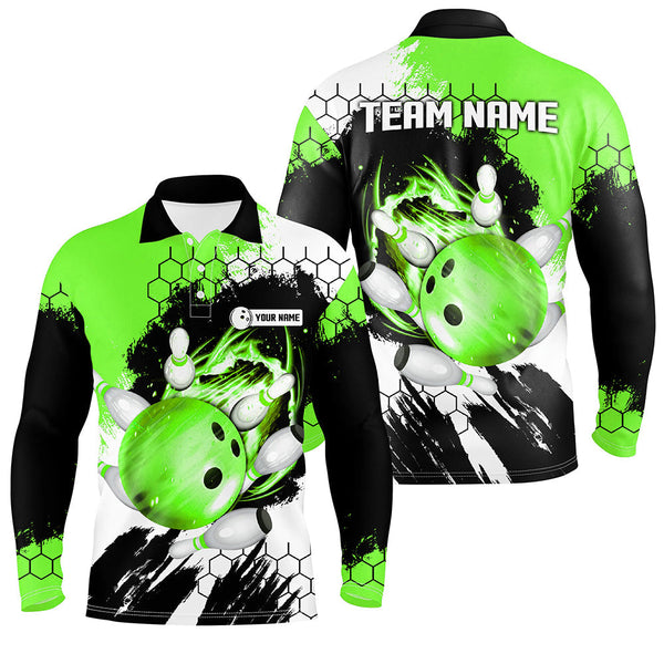 Green Flame bowling ball and pins jerseys Custom Team League Bowling Polo Shirts For Men NQS7163