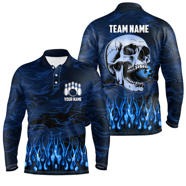 Bowling polo, quarter zip shirts for men Custom Blue camo Flame Skull Bowling Team League Jerseys NQS7652