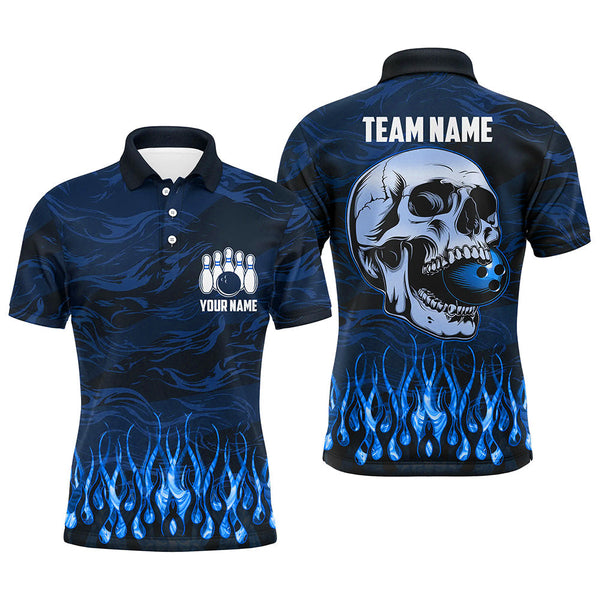 Bowling polo, quarter zip shirts for men Custom Blue camo Flame Skull Bowling Team League Jerseys NQS7652