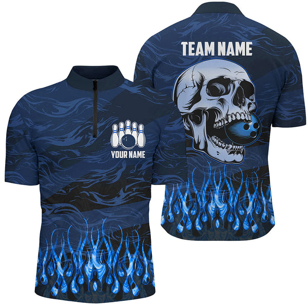 Bowling polo, quarter zip shirts for men Custom Blue camo Flame Skull Bowling Team League Jerseys NQS7652