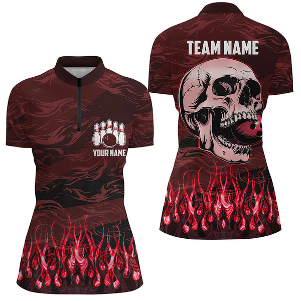 Bowling polo, quarter zip shirts for women Custom Red camo Flame Skull Bowling Team League Jerseys NQS7653