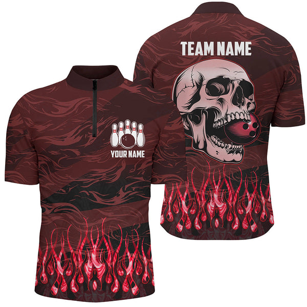 Bowling polo, quarter zip shirts for men Custom Red camo Flame Skull Bowling Team League Jerseys NQS7653