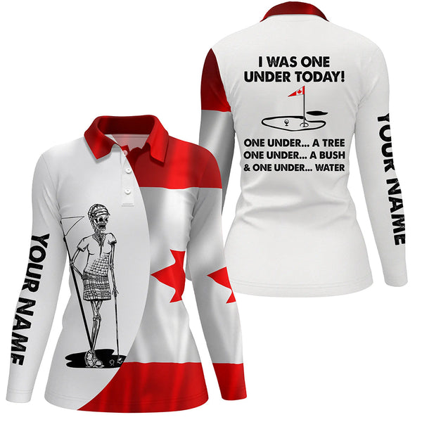 Women golf polo shirt Canadian flag white golf skull custom I was one under today tree, bush and water NQS5790