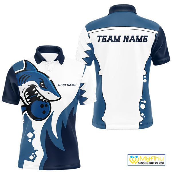 White and Blue Shark Bowling Polo, Quarter Zip shirts for men custom shark bowling team jerseys NQS10159