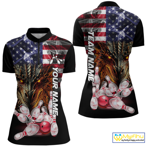 American Flag Dragon Bowling Polo, Quarter Zip Shirts for Women Custom patriotic Team Bowling jerseys NQS10288