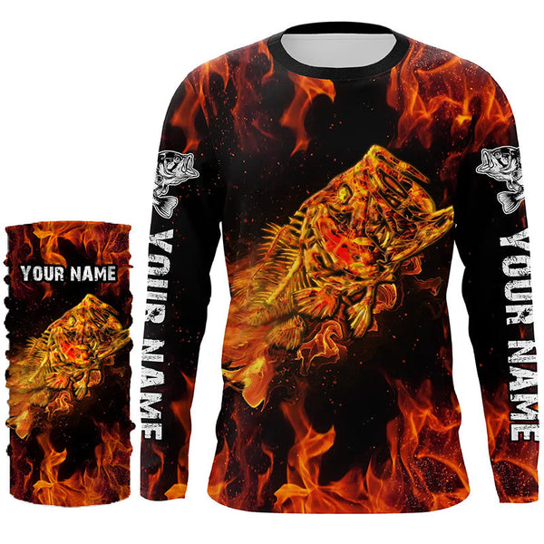 Largemouth bass skull on fire Custom Long sleeve Fishing Shirts, Bass reaper fishing jerseys NQS4597
