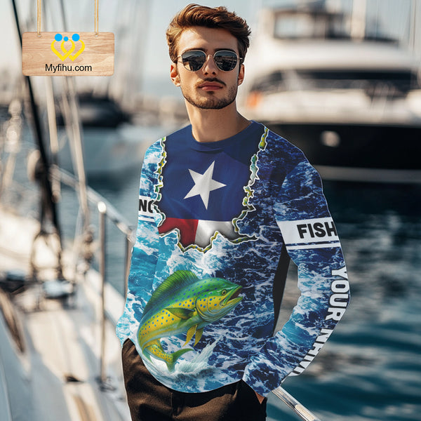 Texas Mahi Mahi Fishing blue ocean camo custom Mahi Mahi long sleeves performance fishing shirts NQS10000