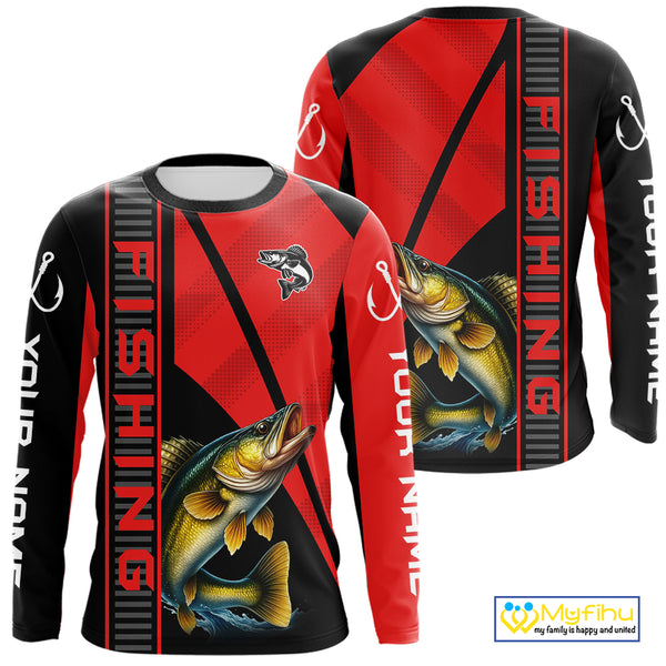 Black and red Walleye Fishing Custom UV protection Long sleeve fishing shirts For Men, Women NQS10161
