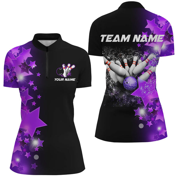 Women bowling Polo, Quarter Zip shirts Custom Purple Stars Bowling Team Bowlers Jersey NQS8527