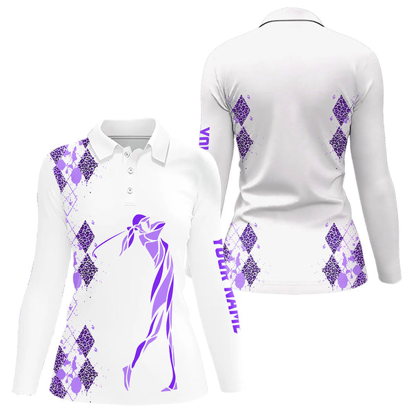 Purple Leopard argyle pattern white Women golf polo shirt custom golf wear for women, unique golf gift NQS9737