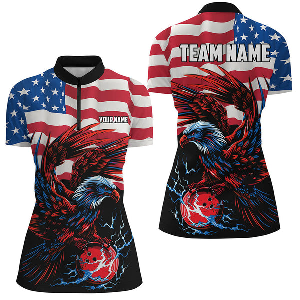 Personalized Eagle Bowling Shirts for Women, Custom Team's Name American Flag Cool Bowler Jerseys NQS7891