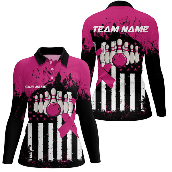 Pink and Black American flag Women Polo, 1/4 Zip Shirts Custom Breast Cancer Awareness bowling jerseys NQS8102