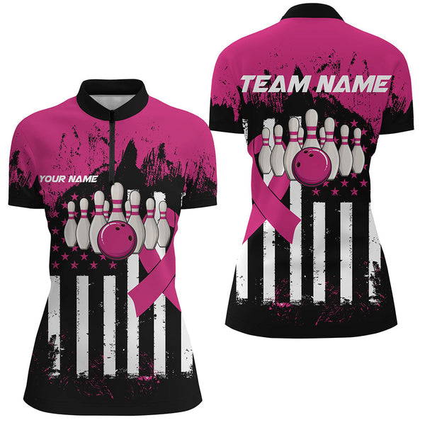 Pink and Black American flag Women Polo, 1/4 Zip Shirts Custom Breast Cancer Awareness bowling jerseys NQS8102