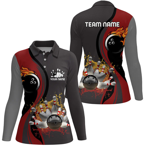 Womens Bowling polo Shirt Custom flame bowling ball pins Bowler Jerseys for ladies | Red NQS6448