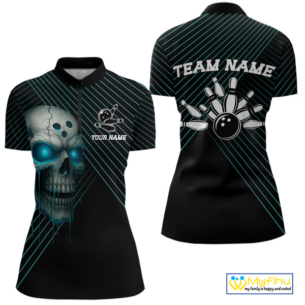 Black and Blue Skull Bowling Polo, Quarter Zip Shirts For Women Custom Bowling Team Jerseys Outfits NQS10171