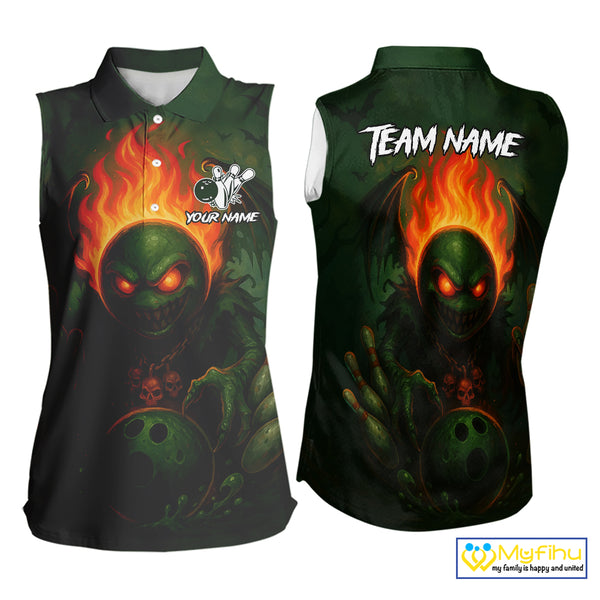 Custom Halloween Bowling Sleeveless Polo Shirt Green Flame Skull, personalized bowling shirt for team NQS10312