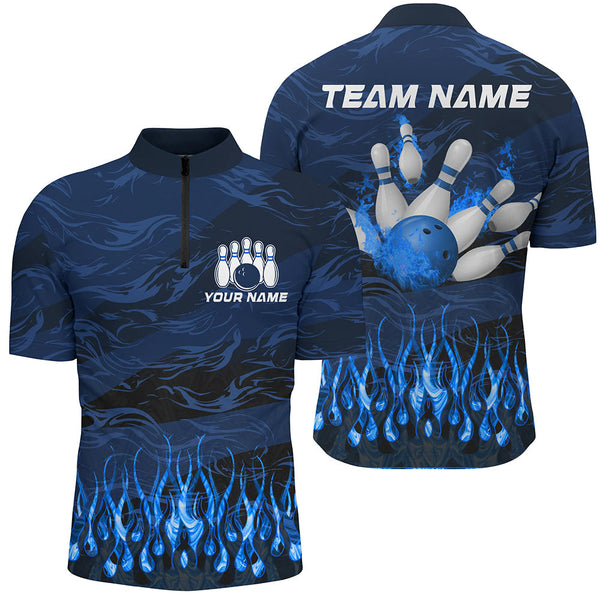 Bowling polo, quarter zip shirts for men Custom Blue camo Flame Bowling Team League Jerseys NQS8548