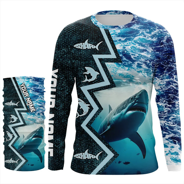 Shark Fishing Custom blue sea wave camo long sleeve performance Fishing Shirt, shark fishing jerseys NQS5042