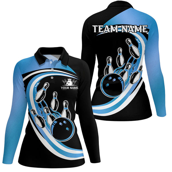 Black & Blue Bowling Polo, 1/4 Zip Shirts For Women Custom Bowling Team League Jersey, Gift For Bowler NQS9042
