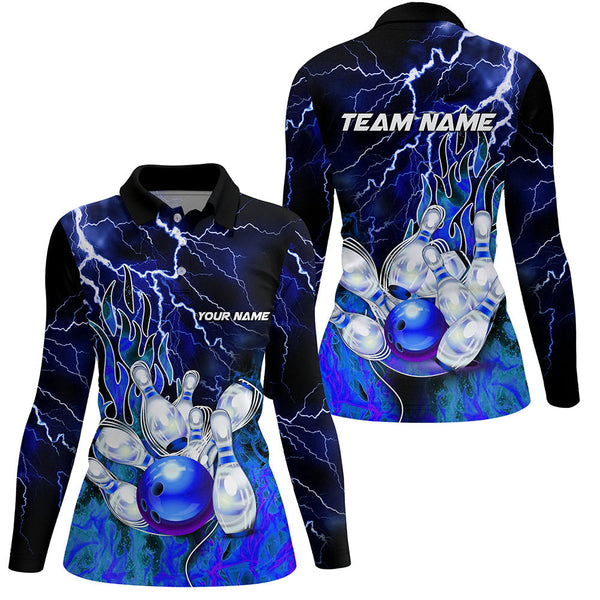 Women Bowling Polo Shirts Custom blue lightning thunder Bowling Team Jersey, gift for team Bowlers NQS7078
