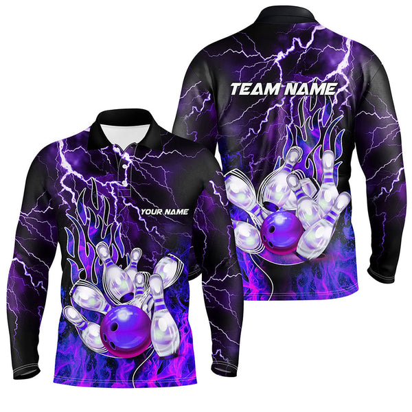 Men Bowling Polo Shirt Custom purple lightning thunder Bowling Team Jersey, gift for team Bowlers NQS7079