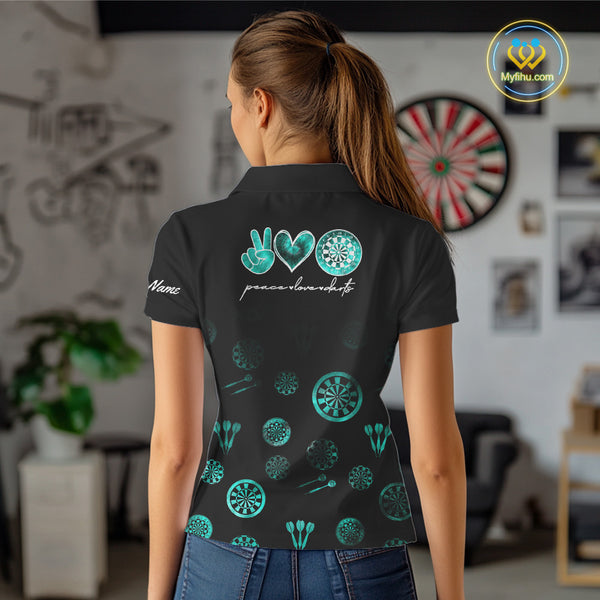 Personalized Turquoise Black Camo Darts Shirts For Women Custom Peace Love Darts Team Jerseys NQS10542