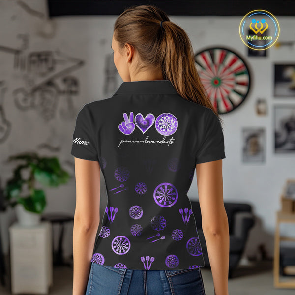 Personalized Purple and Black Camo Darts Shirts For Women Custom Peace Love Darts Team Jerseys NQS10543