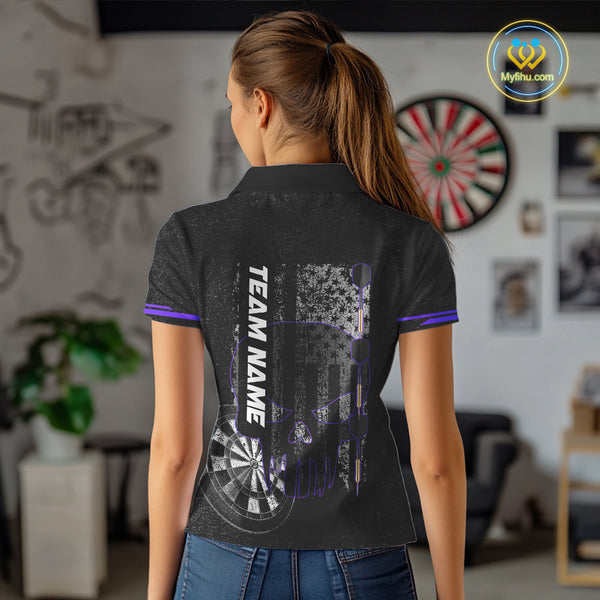 Black & White grunge American Flag Skull Women Darts Shirt Custom patriotic Team Darts Jersey| Purple NQS10750