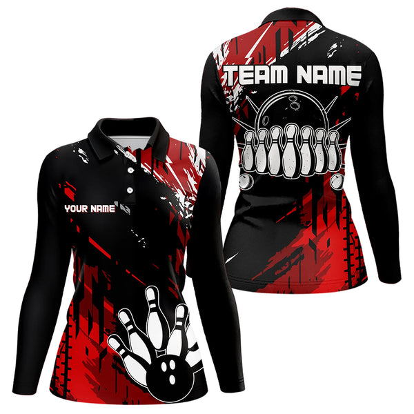 Black and Red Womens bowling shirts Custom retro bowling ball and pins bowling team league jerseys NQS9454