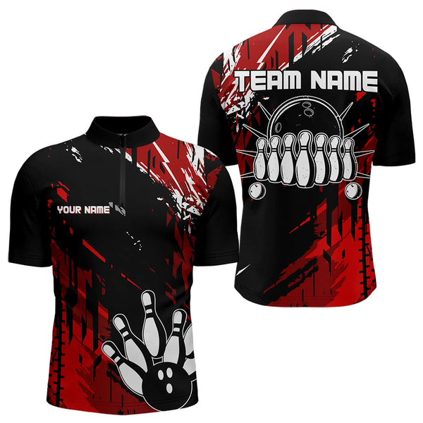 Black and Red Mens bowling shirts Custom retro bowling ball and pins bowling team league jerseys NQS9454