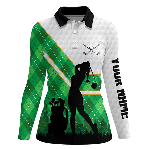 Green argyle pattern white golf ball Womens golf polo shirt custom golfing gifts, ladies golf tops NQS7090