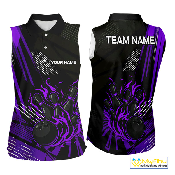 Black and Purple Flame Bowling sleeveless polo Shirts Custom Bowling Outfit Team Jerseys NQS10194