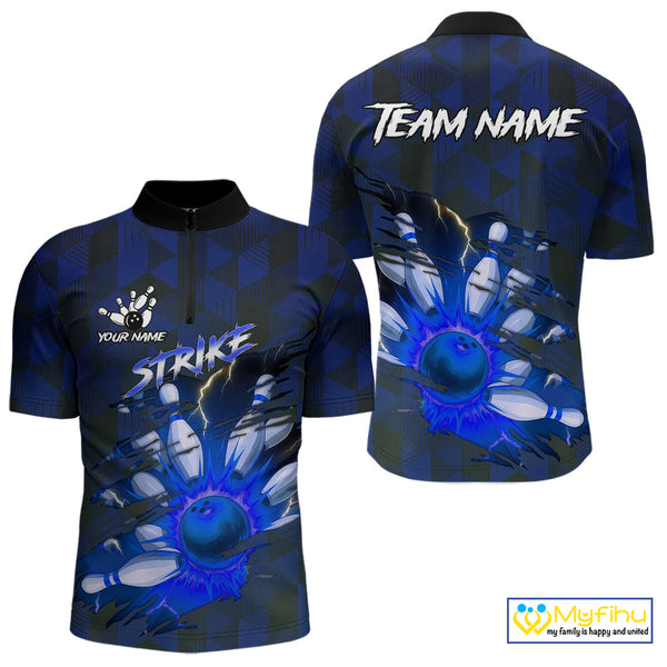 Blue Camo strike Men's Bowling Polo, Quarter Zip Shirt Custom Team Bowling jersey, gift for bowler NQS10343