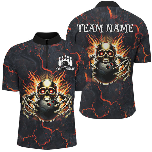 Custom Bowling Shirt for Men Personalized Skull Bowling Jersey Bowling Team League Polo, 1/4 Zip Shirt NQS8376