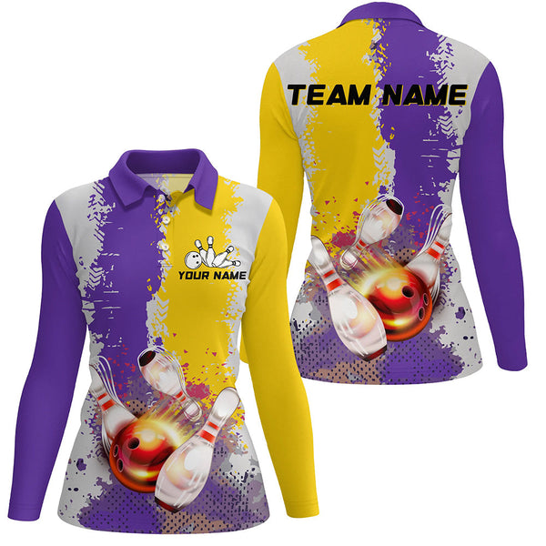 Yellow and Purple Camo Bowling Polo, 1/4 zip shirts Custom Team Women Bowling jerseys NQS8157