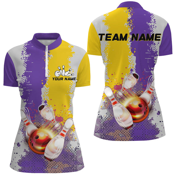 Yellow and Purple Camo Bowling Polo, 1/4 zip shirts Custom Team Women Bowling jerseys NQS8157