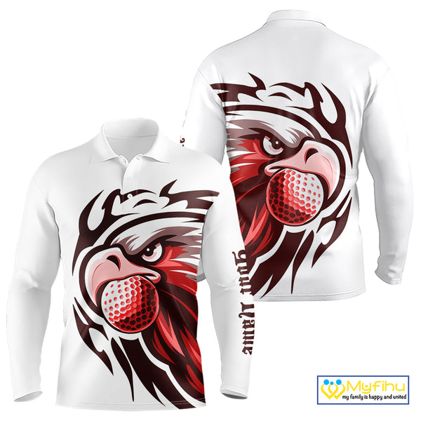 Mens golf polo shirts custom Red Eagle golf ball white golf tops, team golf attire for mens NQS10553