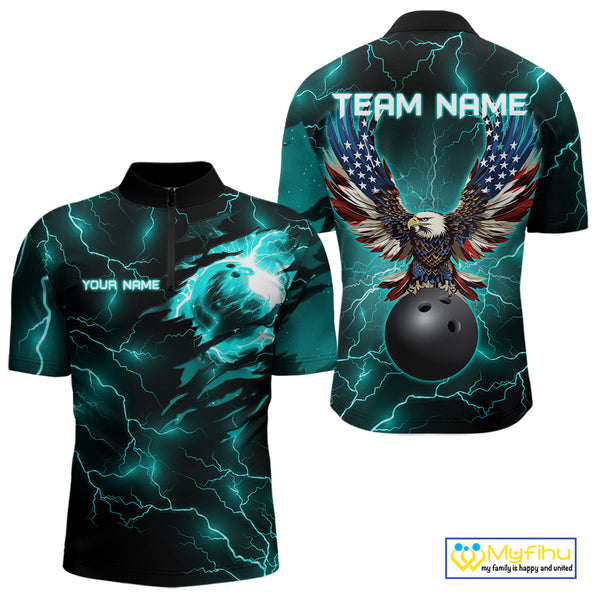 Cyan Blue lightning thunder bowling American flag Eagle custom Mens Bowling Polo, Quarter Zip Shirts NQS10558