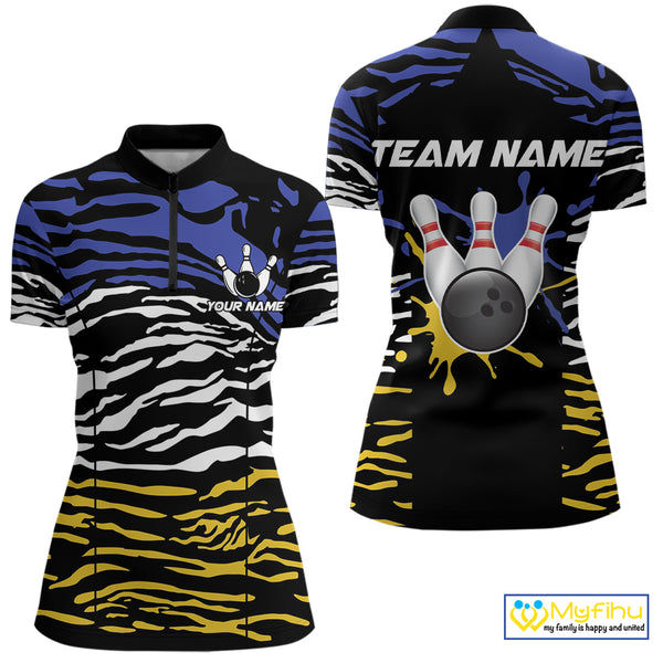 Blue, Yellow and White Tiger Skin Pattern Bowling Shirts For Women Custom Bowling Team jerseys NQS9803