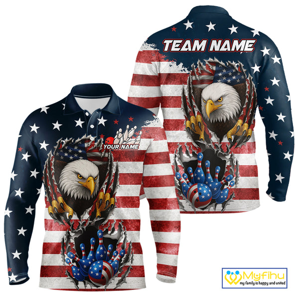 Vintage American Flag Eagle Bowling Polo, 1/4 Zip Shirt for Men Custom Patriotic Team Bowling Jersey NQS10569