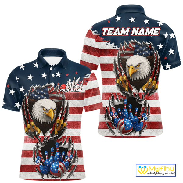 Vintage American Flag Eagle Bowling Polo, 1/4 Zip Shirt for Men Custom Patriotic Team Bowling Jersey NQS10569