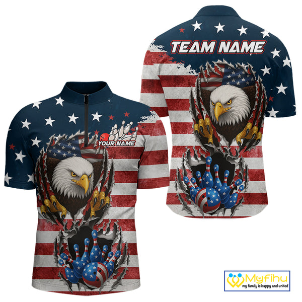 Vintage American Flag Eagle Bowling Polo, 1/4 Zip Shirt for Men Custom Patriotic Team Bowling Jersey NQS10569