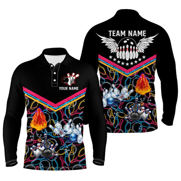 Multicolor pattern black bowling polo shirts for men, custom team bowling jerseys for men bowlers NQS5386