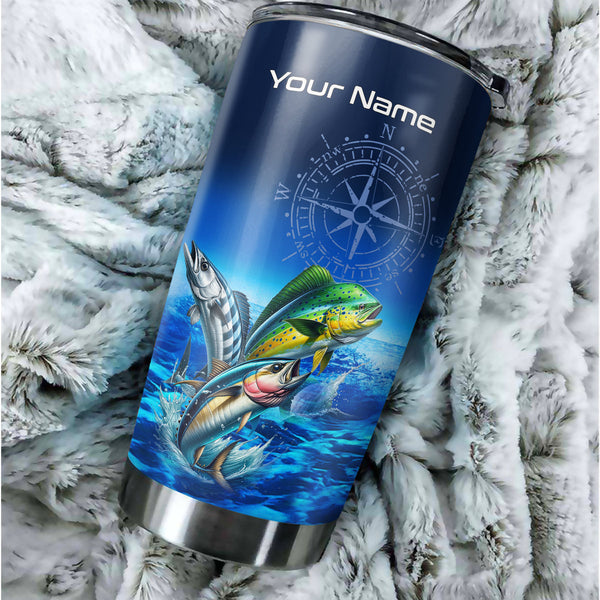 Personalized Mahi Mahi, Wahoo, Tuna Blue Fishing offshore Tumbler Cup custom name gift for fisherman NQS9923